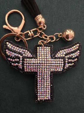 Rhinestone ✝️Winged Cross Bag Charm / Keychain with Iridescent Stones